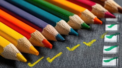 Vibrant Colored Pencils with Hand-Drawn Checkmarks on Dark Chalkboard Background