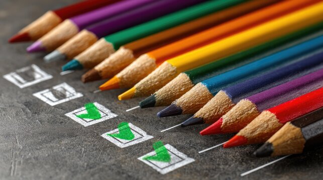 Colorful Pencils with Hand-Drawn Checkmarks on Dark Artistic Surface