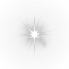 Obraz premium A bright, white cinematic lens flare bursting from the center of a dark black background, emitting sharp star-shaped light rays and soft glowing light orbs. The flare has high contrast, intense lumino