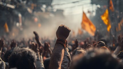 Spiritual Rally Crowd with Raised Fist During Devotional Procession