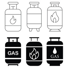 Set of gas cylinder silhouette and line icon. Fuel canister pictogram. Lpg cylinder icon. Propane storage and fuel containers. Fuel tank silhouette. Vector illustration.
