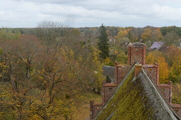 Autumn view of Druzhba village from Allenburg Church, Kaliningrad region, Russia