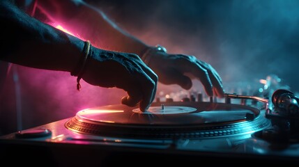 DJ Hands Mixing on Turntable with Neon Lights – Nightclub Performance