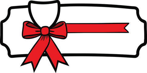 A classic red ribbon bow tied around a white gift tag with a black outline perfect for celebrations and special occasions