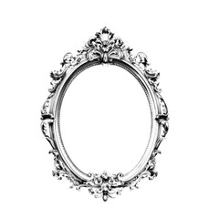 Halftone illustration of an ornate oval vintage frame with detailed baroque carvings. Monochrome decorative element for antique design, invitations, interior decor, and elegant graphic projects.