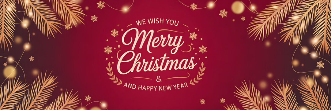 Elegant merry christmas greeting with festive lights and pine branches - Powered by Adobe