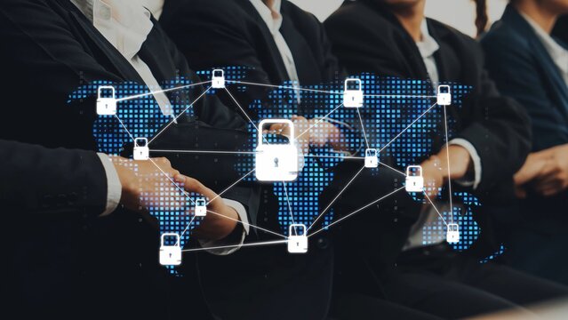 Business professionals engage in a cybersecurity workshop, focusing on data protection while surrounded by digital lock icons and global network imagery, emphasizing modern security practices. Raster