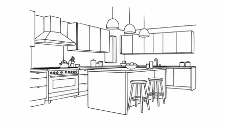 Modern Kitchen Interior Design with Island and Stools Line Art.