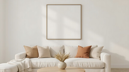 Modern living room mockup with blank frame offers serene interior design possibilities, perfect for showcasing art or photography in neutral tones