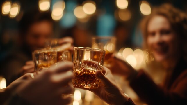 A group of friends toasting with whiskey glasses in a warmly lit, festive environment, celebrating togetherness and joy.