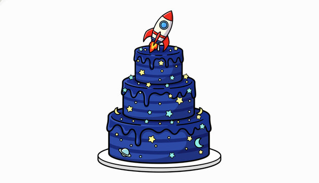 A three-tiered space-themed birthday cake adorned with a rocket and stars, perfect for cosmic celebrations