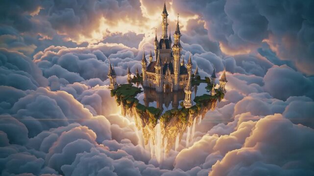 Castle with stone towers floats above pink clouds under sunset sky. Fantasy kingdom architecture rises through glowing mist. Dream magic surrounds floating castle in sky filled with cloud light