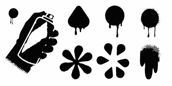 Spray paint elements set with hand holding can and splatters