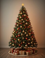 Festive Christmas tree decorated with ornaments, gifts, and a shining star, celebrating the winter holiday season