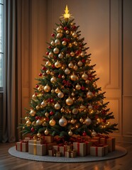 A decorated Christmas tree with ornaments, lights, and presents is the perfect symbol of the seasonal winter holiday celebration