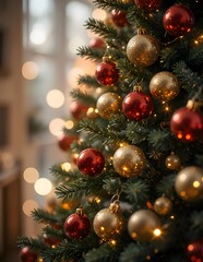 A vibrant image of a gold and red ornament ball decoration on a green pine Christmas tree branch, symbolizing the winter holiday season and new year celebration