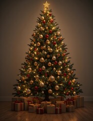 Christmas tree decoration with holiday gifts and gold balls for a winter celebration