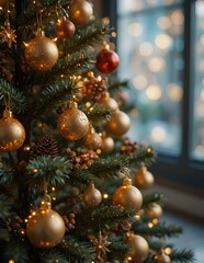 Holiday Christmas tree decorations with gold ornaments and red accents on a green fir branch for seasonal celebration