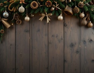 Vintage Christmas wreath and green pine branches on old wooden background for a festive holiday decoration card