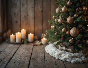 A beautifully decorated Christmas tree with burning candles, gold ornaments, and festive red balls for the winter holiday season