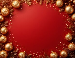 Golden Christmas balls, pine branches, and festive ornaments on a winter holiday background for a New Year celebration card