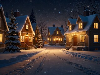 Christmas night scene in a snowy winter city with a decorated tree, houses, and architecture under the night sky