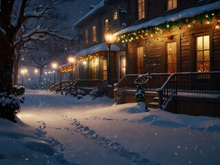 Illuminated Christmas tree at night in a snowy European city street with old architecture and urban lights
