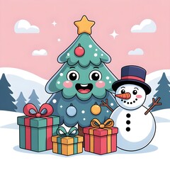Cartoon Christmas card vector illustration of a cheerful snowman wearing a hat and scarf with gifts under a snowy winter holiday tree