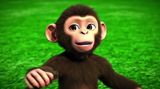 Close-up of a cute, cartoon-style monkey looking curiously at the camera on a grassy field
