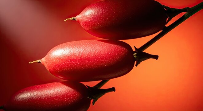 A dramatic macro photograph of three ripe red berries on a diagonal stem, illuminated by artistic lighting against a vibrant, warm-toned orange and red gradient background