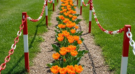 A long row of vibrant orange tulips blooming on a gravel path, protected by a decorative red and white chain fence in a manicured park on a sunny spring day