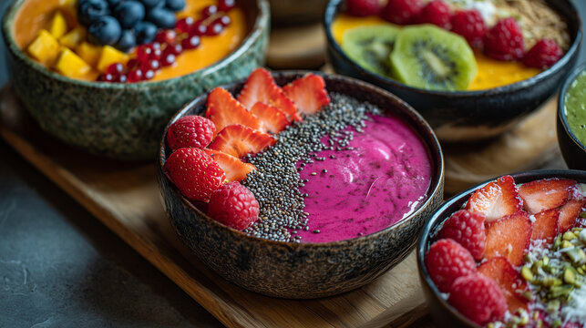 Vibrant and healthy smoothie bowls overflowing with fresh fruits and seeds