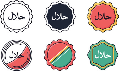 Halal food labels set with Arabic text for Islamic dietary laws.