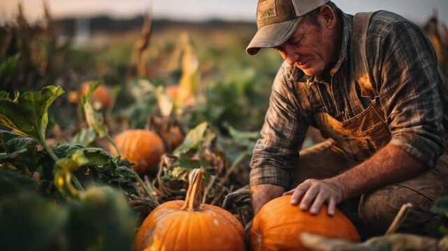 Farmer inspecting pumpkins in field during daylight hours