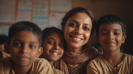 Joyful Teacher With Happy School Children in a Classroom