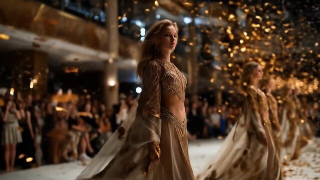 Fashion models in elegant gowns walk down runway in a glamorous presentation