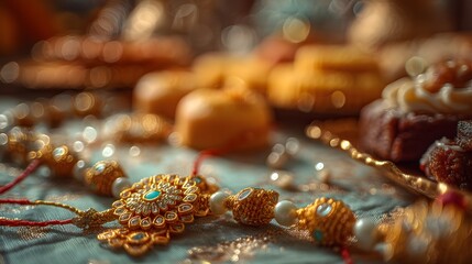 Elegant Rakhi With Traditional Indian Sweets on Festive Decor