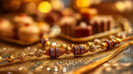 Traditional Rakhi With Festive Indian Sweets on Golden Decorative Background
