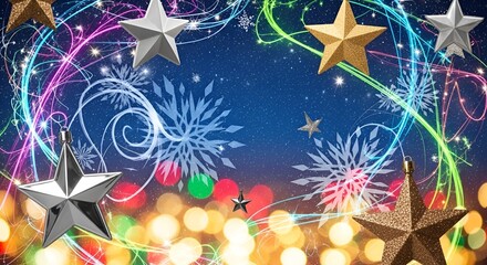 Festive celestial display with stars, snowflakes and dynamic light trails