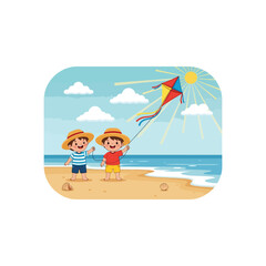 Two children flying a kite on a sunny beach. © Basecamp