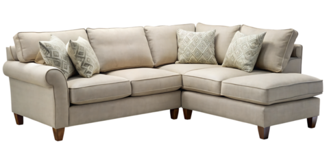 Luxurious cream upholstered sectional sofa with decorative throw pillows isolated on transparent background