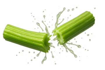 Celery stalk breaking with juice splashing, juicy fresh green vegetable producing droplets on transparent background