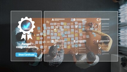 Aerial view of a diverse team working together on a project, celebrating success with notes and a congratulatory certificate, highlighting collaboration and achievement. Raster