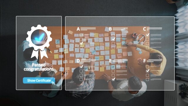 Aerial view of a diverse team working together on a project, celebrating success with notes and a congratulatory certificate, highlighting collaboration and achievement. Raster