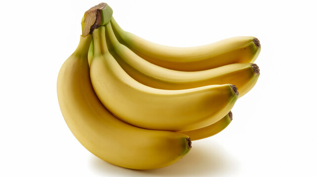 Bunch of ripe yellow bananas with green stems on a white background fruit