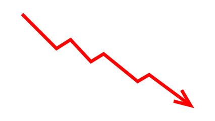 Red falling down arrow zigzag line graph indicates financial loss concept, stock market fall, business loss, market crash, economic loss. Red graph chart arrow downward direction. Vector illustration.