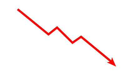 Red falling down arrow zigzag line graph indicates financial loss concept, stock market fall, business loss, market crash, economic loss. Red graph chart arrow downward direction. Vector illustration.