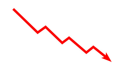 Red falling down arrow zigzag line graph indicates financial loss concept, stock market fall, business loss, market crash, economic loss. Red graph chart arrow downward direction. Vector illustration.