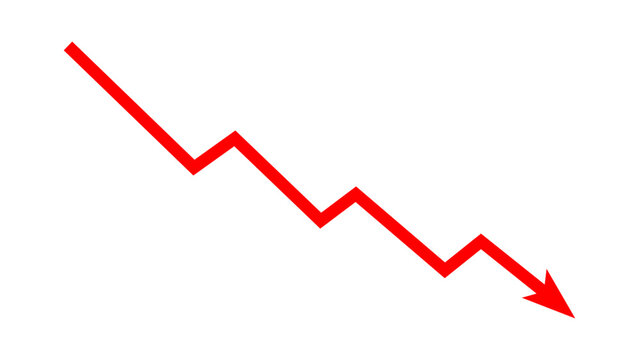 Red falling down arrow zigzag line graph indicates financial loss concept, stock market fall, business loss, market crash, economic loss. Red graph chart arrow downward direction. Vector illustration.