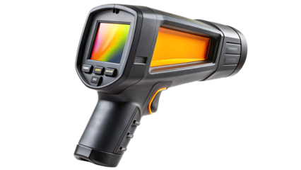 Professional handheld thermal imaging camera with colorful display and orange heat signature isolated on transparent background